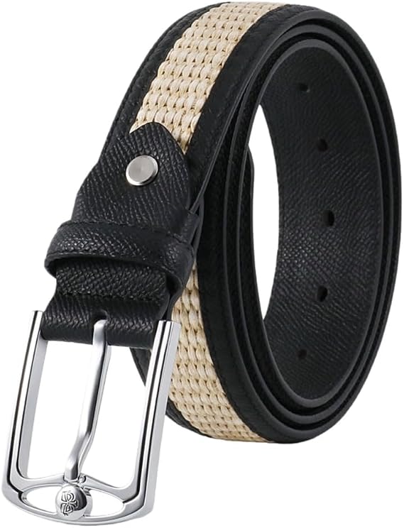 Dual-Material Leather & Hand-Woven Fabric Golf Belt A Comfortable, Adjustable Belt with Silver Pin Buckle.