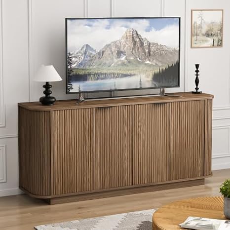 63" Sideboard Buffet Cabinet with Storage, Fluted Buffet Credenza with Adjustable Shelves, Mid Century Sideboards with 2 Doors, Modern Accent Console Cabinets for Living Room, Brown