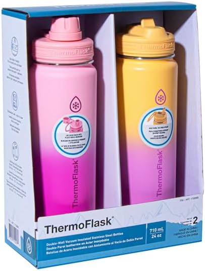 ThermoFlask Double-Wall Vacuum Insulated Stainless Steel Water Bottles, 710 mL, Pink and Yellow, Set of 2