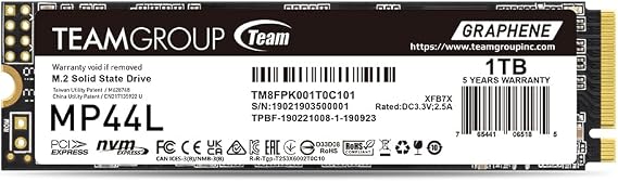 TEAMGROUP TM8FPK001T0C101 M.2 SSD 1TB 2280 PCIe Gen4x4 TLC NAND Read 5,000 MB/s MP44L Series