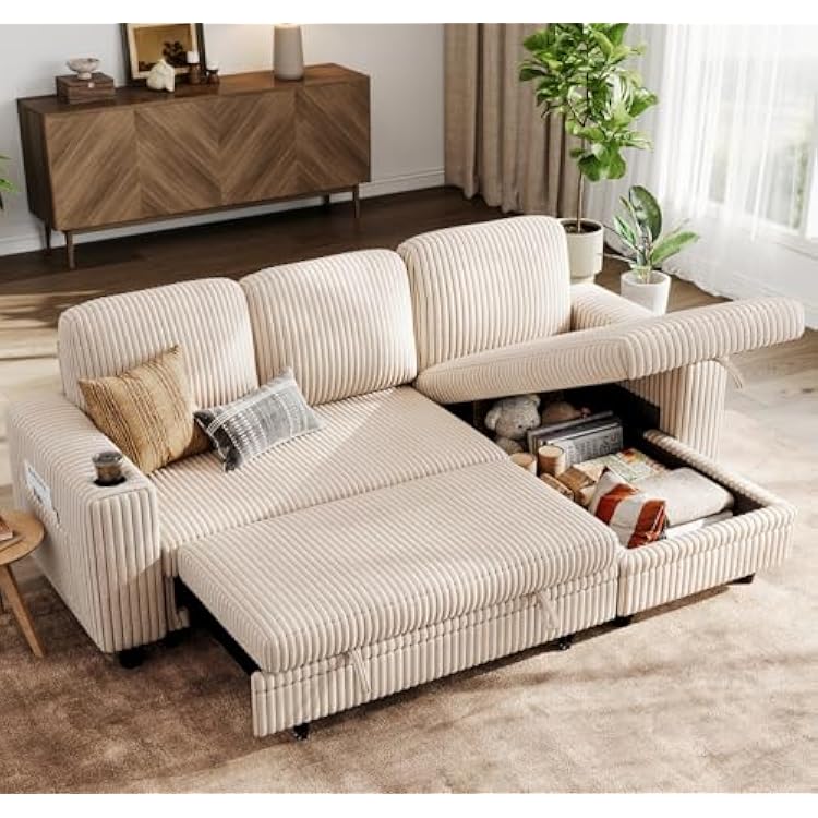 LINSY HOME Sectional Sleeper Sofa with Pull Out Couch Bed - Convertible Plush Corduroy Cloud Couch with Storage Chaise & USB Charging, Comfy L Shaped Modular Couches for Living Room Apartment, Beige