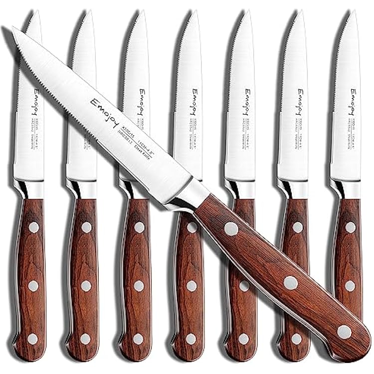 Emojoy Steak Knives, Steak Knife Set of 8, Highly Resistant and Durable German Stainless Steel Serrated Steak Knives with Gift Box