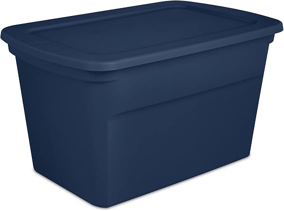 Sterilite Lidded Stackable 30 Gallon Storage Tote Container with Handles and Indented Lid for Efficient, Space Saving Household Storage, Marine Blue