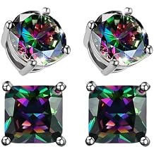 2 Pairs 18K White Gold Plated Round/Square CZ Earrings Created Rainbow Quartz Stud Earrings for Women Men