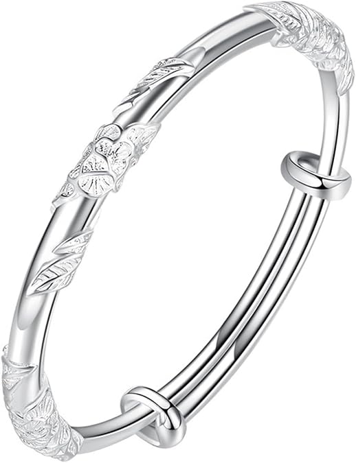 Solid 925 Sterling Silver Bracelets for Women Simple Adjustable Bangle Bracelet