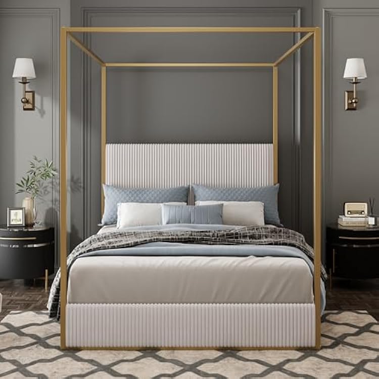 Harper & Bright Designs Queen Size Metal Canopy Bed Frame, Modern Luxury Canopy Bed with Upholstered Headboard and Gold 4 Poster, Corduroy Upholstered Platform Bed, Beige