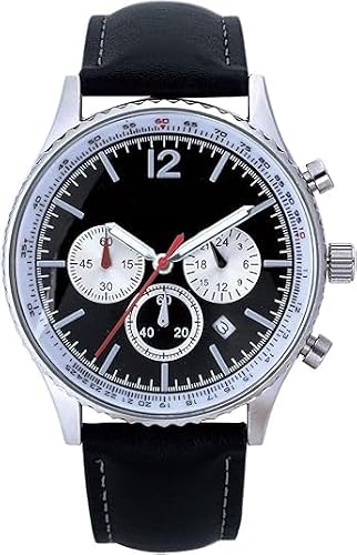 NUOVO Men's Chronograph Watch Leather Strap Black Silver Analogue Quartz with Date Display, black, Minimalist