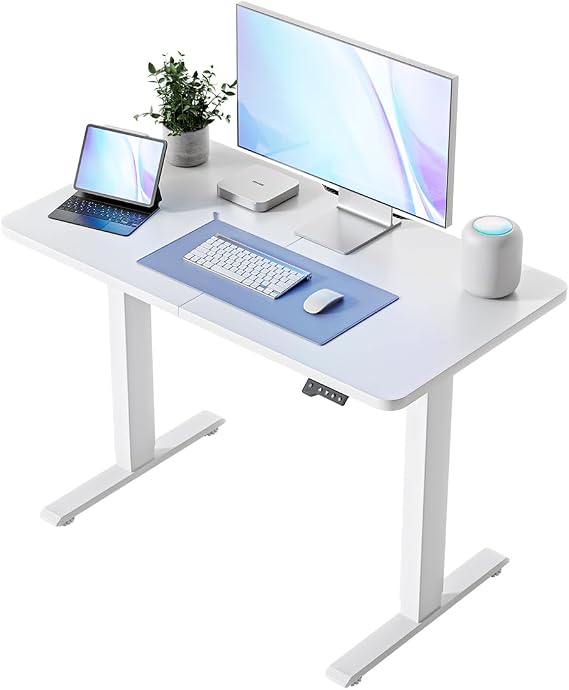 BANTI 43"x24" Electric Standing Desk Stand Up Adjustable Height Home Office Table Sit Stand Desk with Splice Board White Frame & White Top