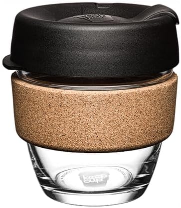 KeepCup Brew Cork Reusable Coffee Cup, 8 oz Glass Tumbler with Cork Band and Splashproof Lid, Dishwasher Safe, Black