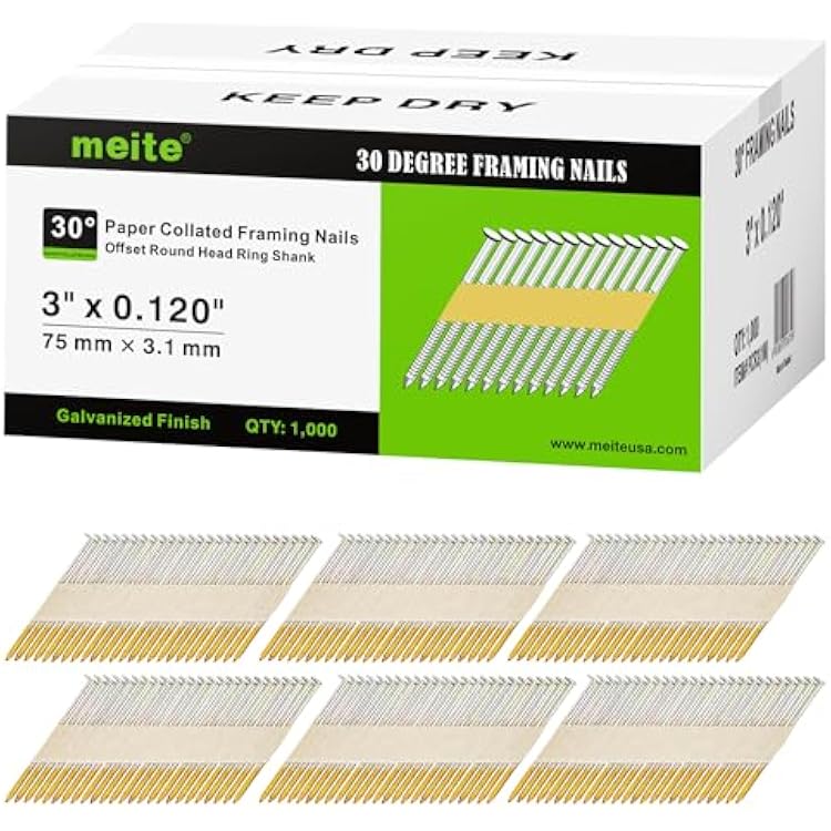 meite 30 Degree Framing Nails 3-Inch x .120-Inch Ring Shank Paper Collated Nails for 30-34 Degree Framing Nailer Gun, Electro-Galvanized Offset Round Head Framing Nails for Decking Sheathing 1,000PCS
