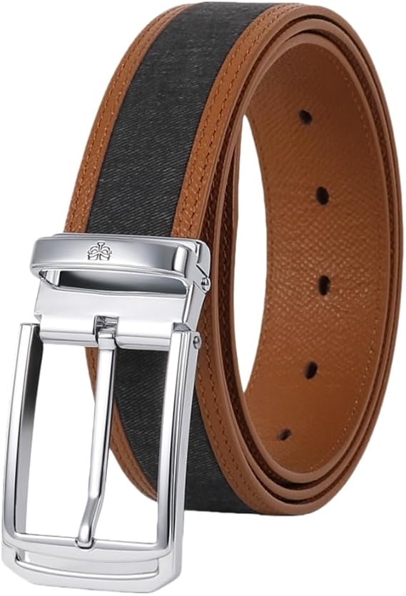 Dual-Material Leather & Denim Cotton Fabric Belt A Comfortable, Adjustable Belt with Silver Pin Buckle.