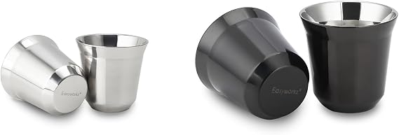 Easyworkz Stainless Steel Espresso Cup 2pcs Set Double Wall Insulated Metal Demitasse Cups (Silver, 2.5 oz), Bundled with Stainless Steel Espresso Cup 2pcs Set Double Wall Cups (Black, 5 oz)