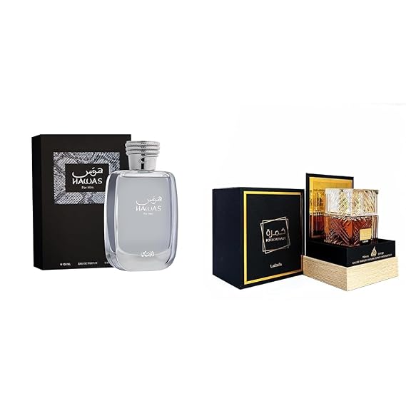 RASASI Hawas for Men EDP Spray Aquatic Scent, Lattafa Khamrah Unisex Eau de Parfum Spray Aromatic Spicy Scent, 3.4 Ounce Each