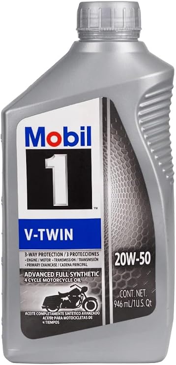 Mobil 1 Motor Oil, V-Twin, 20W50, Synthetic, 1 qt Bottle, V-Twin Motorcycles, Each