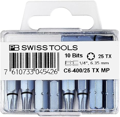 PB Swiss Tools 1/4" PrecisionBit 10-Pack with nanocoating for Torx Screws, Size T25