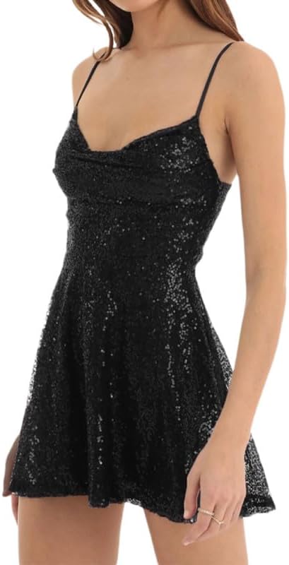 ROAONOCOMO Mardi Gras Women Sparkly Sequin Mini Dress Shiny Spaghetti Strap Glitter Short Dress Cocktail Party Dresses