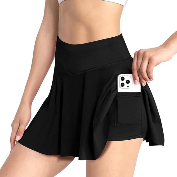 AUYAO High Waist Cross Over Athletic Golf Skorts, Women's Pleated Tennis Skirt with Shorts Pockets, Pleated Tennis Skirt with Shorts, Golf Skort with Pockets, High Waist Athletic Mini School Skirt