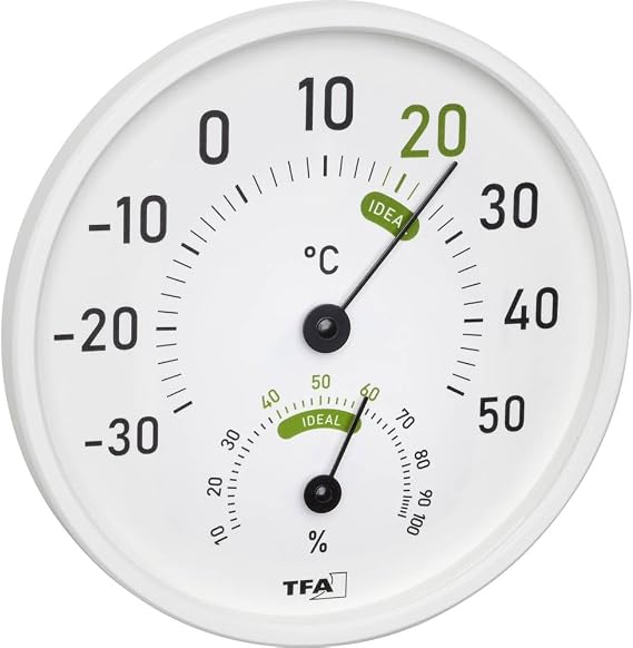 TFA Dostmann Analog thermal hygrometer, 45.2045.02, for indoor and outdoor, colorful comfort zones, white, U 130 x G 20 x Y 165 mm
