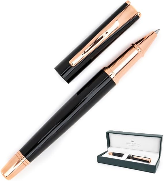 Monteverde USA Impressa Rollerball Pen Black with 18 Karat Rose Gold Trim - Refillable Smooth Writing Pen