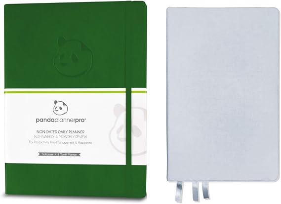 Panda Planner Pro - Best Daily Planner for Happiness & Productivity - 8.5 x 11" Softcover - Undated Day Planner - Gratitude & Goals 6 Month Journal (Green) with Classic Notebook