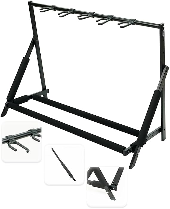 Stage Rocker Multi Guitar Stand, Foldable 5 Holder Rack with Adjustable Height & Width, Easy Assembly & Storage, Reliable Soft Foam Padding to Protect Acoustic or Electric Guitars & Basses, Black.
