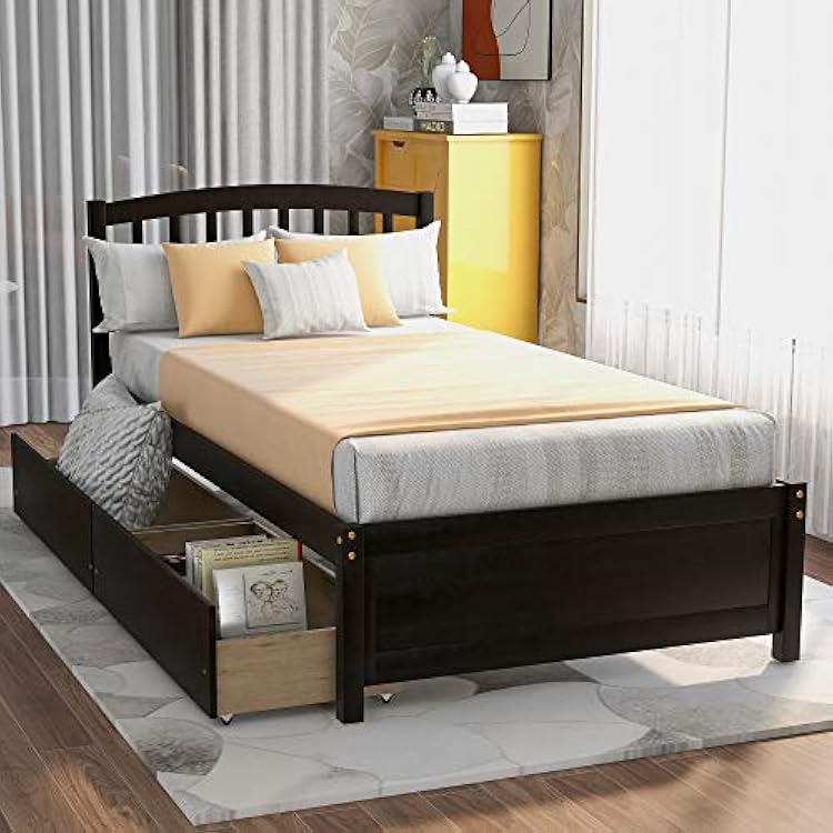 Harper & Bright Designs Low Platform Bed Twin Size for Kids with Storage Drawers,Solid Wood Platform Bed Frame with Curved Headboard and Slat Support,No Box Spring Needed,Space Saving,Espresso