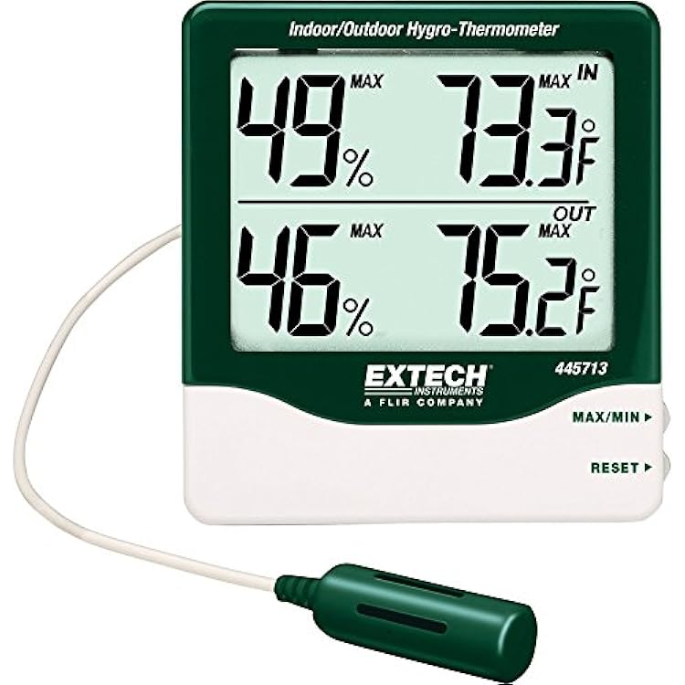 Extech 445713 Big Digit Indoor Outdoor Hygro-Thermometer - Large LCD, Temperature & Humidity Display, Min/Max Tracking, Comfort Level Icons, Wall or Desk Mount, Accurate Digital Sensor | Indoor/outdoor temp and humidity, remote probe, MIN/MAX, comfort icons, wall or desk mount