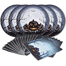 Gatherfun Halloween Party Supplies Anger Black Pumpkin Disposable 10 inch Big Paper Plates and Paper Napkins for Spooky Halloween Party Decorations Serve 50