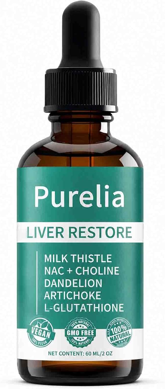 Purelia Liver Restore - Complete Liver Detox Support Liquid Drops with Milk Thistle, Dandelion, Choline, L-Glutathione for Liver Cleanse (1)