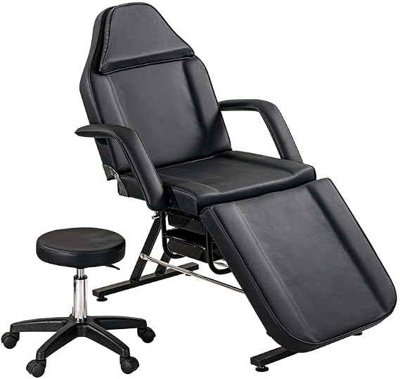 Massage Salon Tattoo Chair with Two Trays Esthetician Bed with Hydraulic Stool,Multi-Purpose 3-Section Facial Bed Table, Adjustable Beauty Barber Spa Beauty Equipment, Black