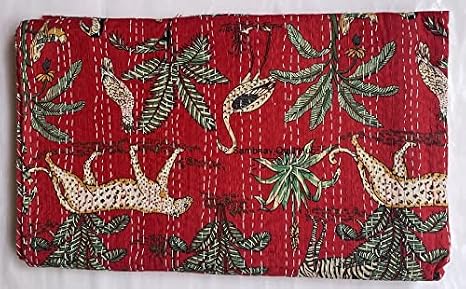 Handblock Jungle Tiger Print Handmade Cotton Kantha Quilting Throw Blanket Hippie Queen/King Size Bohemian Animal Block Kantha Quilt (Red)