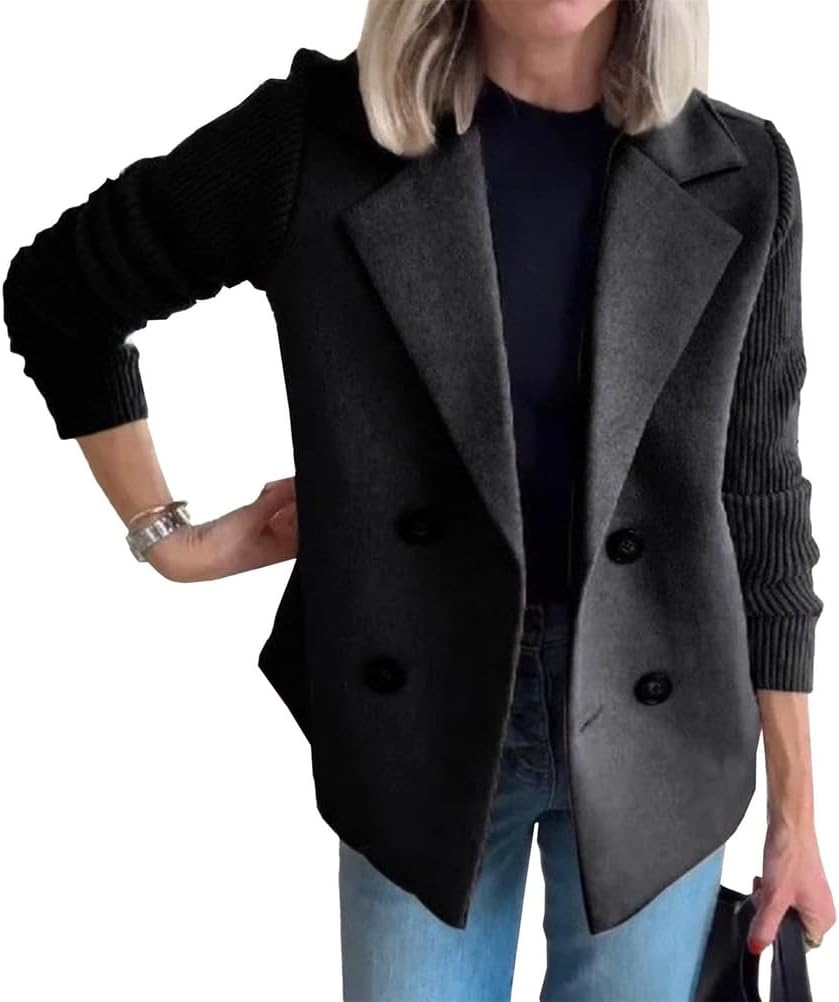 Women's Lapel Button Knitted Patchwork Sleeve Casual Coat Cropped, Double Breasted Blazer Sweater, Cropped Double Breasted Coat,Black,S