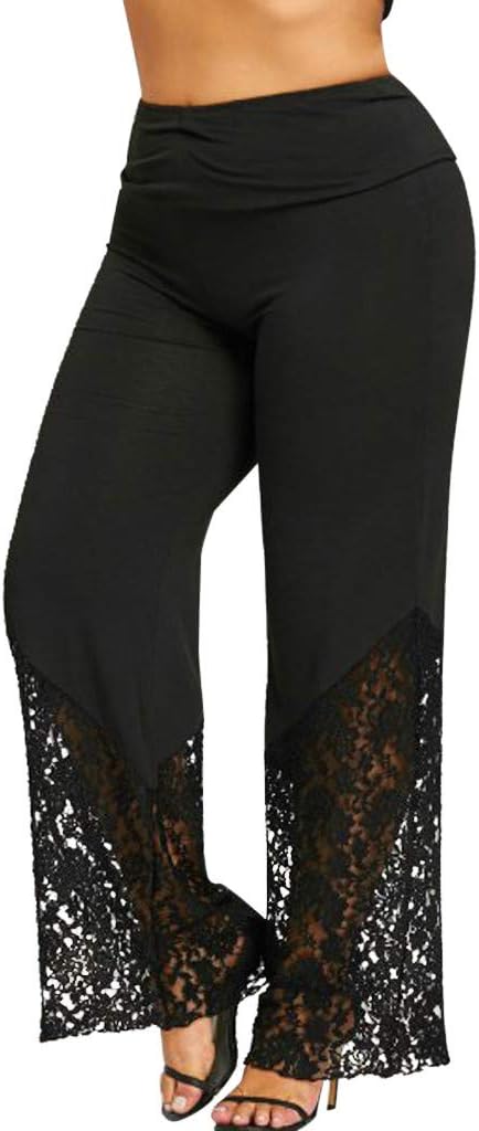 Women's Plus Size Lace Pants Relax Fit Wide Leg Curvy-fit Black Long Palazzo Pants Stretch Soft Boho Yoga Trousers