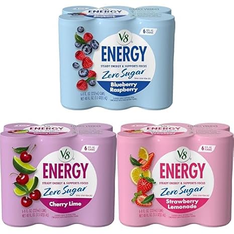 Bundle of 3 V8 Energy Zero Sugar 8 fl. oz. 6 packs flavors Blueberry Raspberry + Cherry Lime + Strawberry Lemonade
