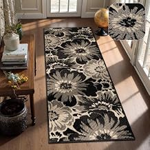 Findosom Hallway Runner Rug 2x6, Non Slip High-Low Textured Floral Washable Runner Rug with Rubber Backing, Boho Carpet Runner for Kitchen, Entryway, Bedroom, Laundry, Black & Beige