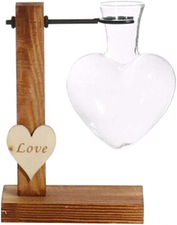 Heart Shape Hydroponic Glass Vase,Wooden Frame Glass Vase,Heart Shaped Glass Vase with Wood Stand,Flower Vase for Home Garden Office Wedding Decor (1)