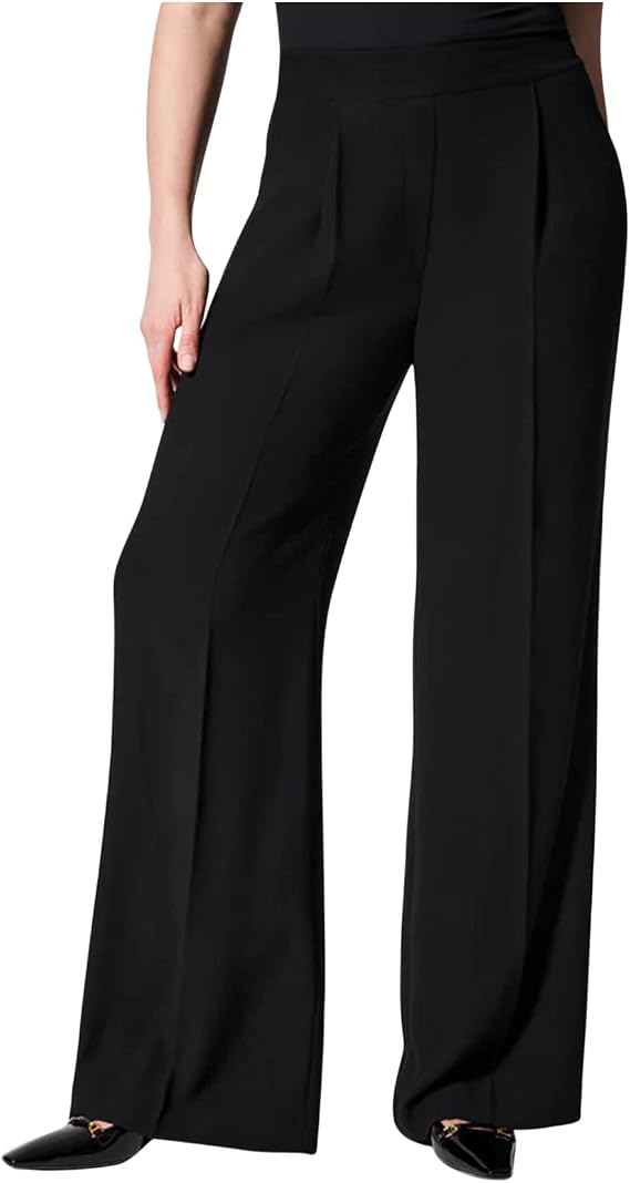 Gumipy Crepe Pleated Pants for Women High Waisted Wide Leg Pants Plus Size Elastic Stretch Palazzo Pants Work Office Trousers