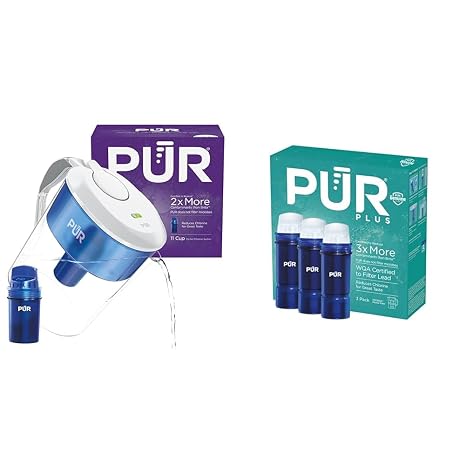 PUR 11-Cup Water Pitcher, 1 Filter, Dishwasher Safe, Powerful Filtration, Change Light Indicator, White + PUR Plus Water Filter Replacement for Pitchers, 6-Month Supply, 3 Count, Blue (PPF951K3)