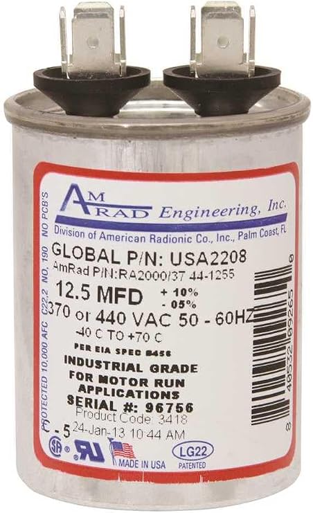 USA2208 Round Motor Run Capacitor, 12.5 MFD, 370/440 Vac