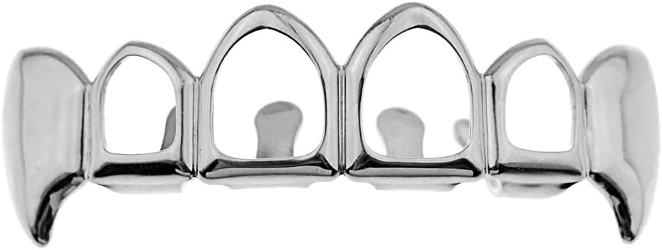 Vampire Fang Grillz Four 4 Open Face Silver Tone Top Row Upper Teeth Hip Hop Dracula Fangs Grills