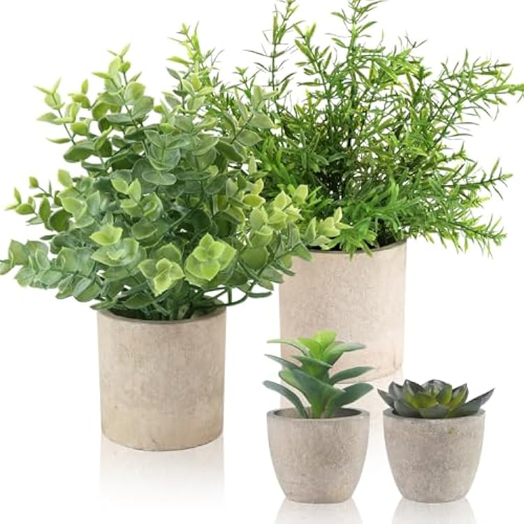 ALAGIRLS 4 Pack Small Fake Plants, 10 Artificial Plants Indoor EucalyptusRosemarySucculents, Small Faux Plants in Pulp Pot for Bathroom Bedroom Kitchen Office Living Room Decor