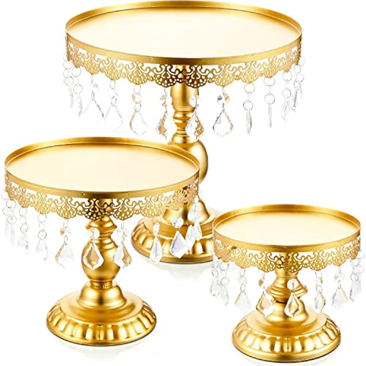 3 Pcs Cake Stand Set Round Cake Stand with Crystal Bling Pendants Dessert Table Display Set for Wedding Event Birthday Party Dessert TableGold