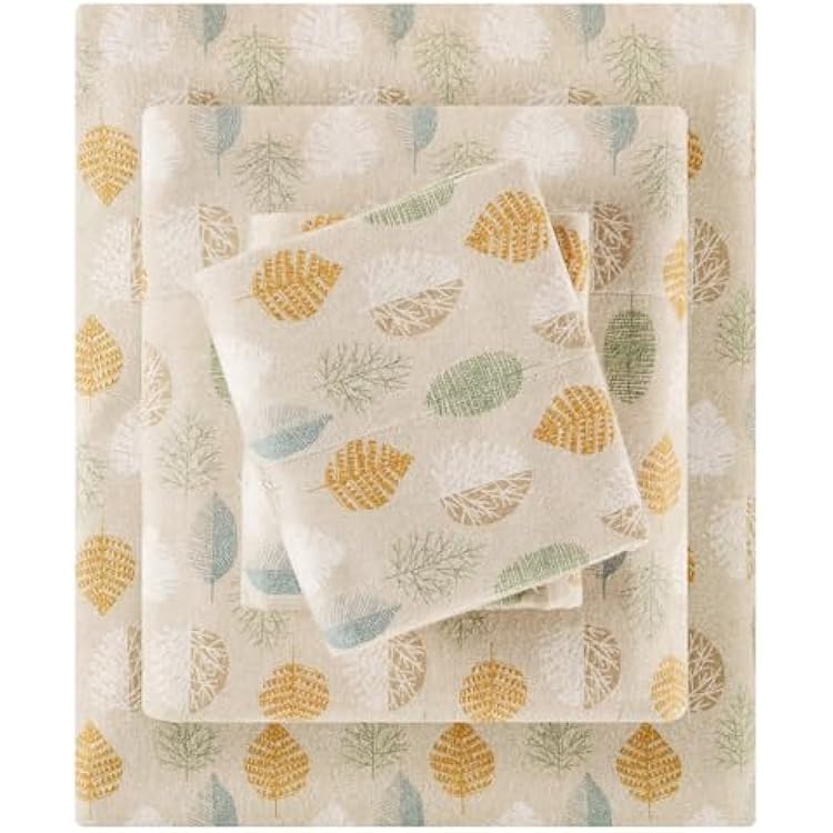 True North by Sleep Philosophy Flannel Sheets Queen Size, Cozy 100% Cotton Flannel Bed Sheets, Ultra Soft Cute Sheet Set, Novelty Print Themed Cold Weather Warm Bedding Set,Multi Leaves 4 Piece
