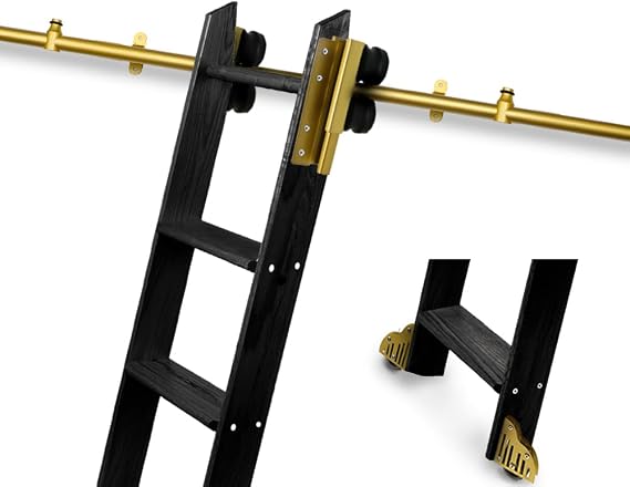 Gold Rolling Library Ladder Hardware Kit, Telescopic Upper Roller, Multi-use for Loft Stairs/Bookshelf (3.9FT Sliding Kit)