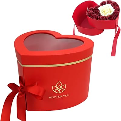 BBJ WRAPS Luxury Heart Shaped Flower Boxes with Lids Florist Double Layer Gift Paper Mache Boxes for Arrangements-9L x 8W x 6.5H Red