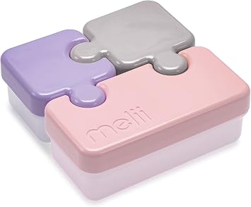 melii Puzzle Bento Box Food Storage Container, 3 Compartments, 28.6 Ounce (Pink, Purple & Grey)