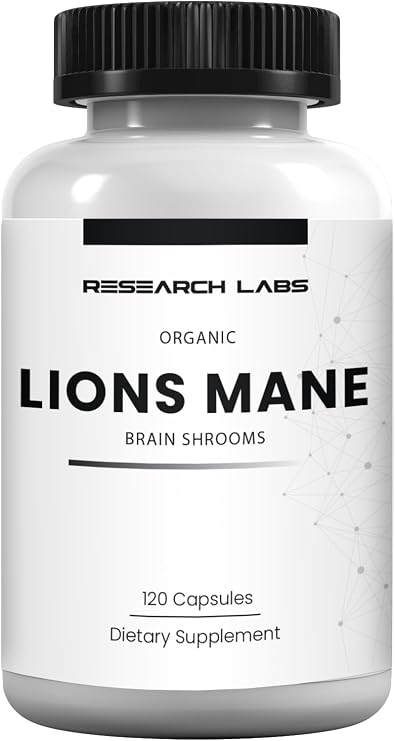 Research Labs Organic Lions Mane Supplement Capsules, 120 Capsules w/Patent LitropaneTM, Immune System Booster & Nootropic Brain Support Mushroom Supplement. Concentrated & Purified Extract