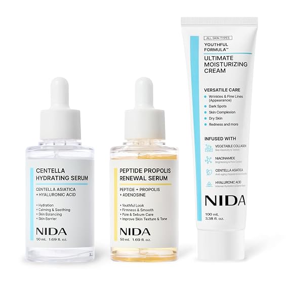 NIDA Youthful Glass Skin Bundle | Moisturizing Cream, Hydrating & Renewal Serums | Complete Set for Glass Skin | Hydration, Wrinkles, Fine Lines, Dark Spots, Redness