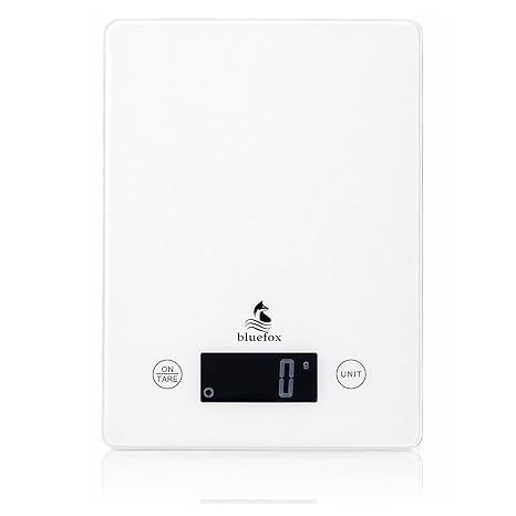 Bluefox Topaz Premium Digital Kitchen Scale 10kg | Tempered White Glass, Large LCD Screen, High Sensitivity Sensor | Stylish and Durable Design | Large surface 23x16cm