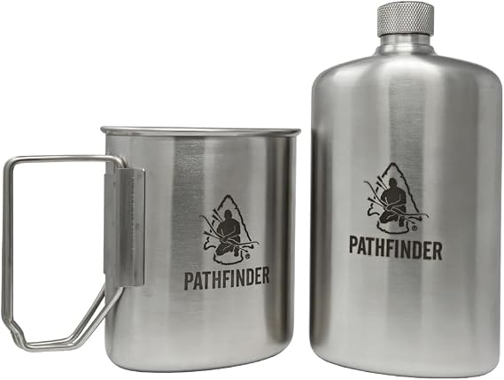 The Pathfinder School Stainless Steel Nesting Cup & M34 Scout Canteen - Survival Gear and Supplies - Bushcraft Gear Camping Essentials - Hiking Water Bottle - Camping Canteen- Backpacking Kit